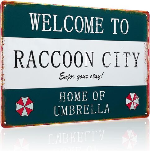 لافتة معدنية من القصدير شخصية ريترو مقيم مرحبًا بكم في مدينة الراكون، لافتة مظلة للمنزل، لافتة حديد من المواد المنزلية، علامة تزيين معدنية أنيقة، 12 * 8 بوصة in Kuwait