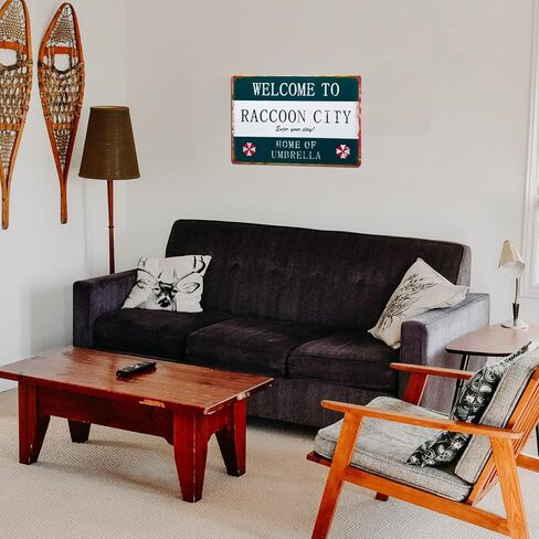 لافتة معدنية من القصدير شخصية ريترو مقيم مرحبًا بكم في مدينة الراكون، لافتة مظلة للمنزل، لافتة حديد من المواد المنزلية، علامة تزيين معدنية أنيقة، 12 * 8 بوصة in Kuwait