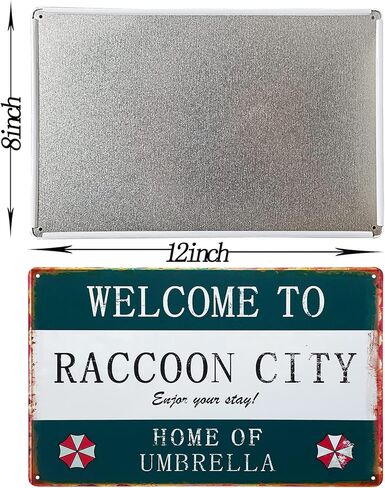 لافتة معدنية من القصدير شخصية ريترو مقيم مرحبًا بكم في مدينة الراكون، لافتة مظلة للمنزل، لافتة حديد من المواد المنزلية، علامة تزيين معدنية أنيقة، 12 * 8 بوصة in Kuwait