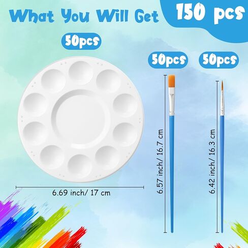 Paint Brushes Palettes Set 100 Pcs Nylon Painting Brush 50 Pcs Round Paint Tray Palettes Plastic Pallets Nylon Hair Paintbrush for Acrylic Oil Watercolor Students Art Paint Party Supplies in Kuwait