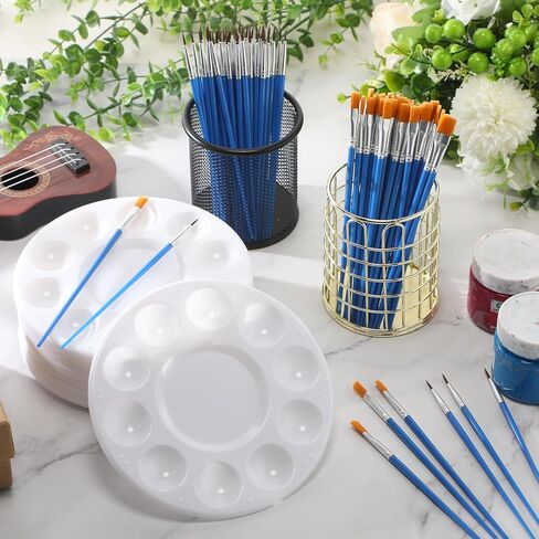 Paint Brushes Palettes Set 100 Pcs Nylon Painting Brush 50 Pcs Round Paint Tray Palettes Plastic Pallets Nylon Hair Paintbrush for Acrylic Oil Watercolor Students Art Paint Party Supplies in Kuwait