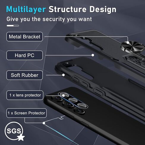 Janmitta Compatible with Galaxy A54 5G Case,with 1 Pack Screen Protector+1 Pack Camera Lens Protector,Shockproof Full Body Phone Cover,Built in Finger Ring Holder Kickstand,2023 Black Matte in Saudi Arabia