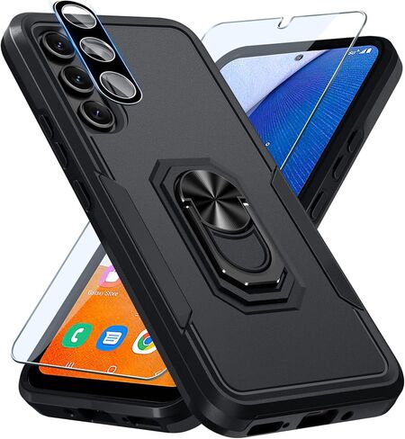 Janmitta Compatible with Galaxy A54 5G Case,with 1 Pack Screen Protector+1 Pack Camera Lens Protector,Shockproof Full Body Phone Cover,Built in Finger Ring Holder Kickstand,2023 Black Matte in Saudi Arabia