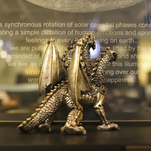 تمثال ثلاثي الرأس التنين Steampunk تمثال تنين القوطية الميكانيكية والعتاد يجلس التنين نظرة معدنية تمثال راتنج للديكور المنزل in Kuwait
