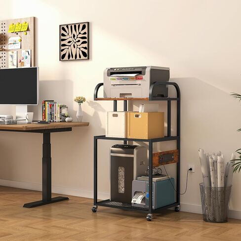 حامل طابعة WEENFON مع رف تخزين قابل للتعديل، طاولة طابعة 3 طبقات بعجلات، عربة دوارة مع منافذ طاقة ومنافذ USB، آلة التقطيع وحامل وحدة المعالجة المركزية للمكتب المنزلي، غرفة المعيشة، بني ريفي in Kuwait