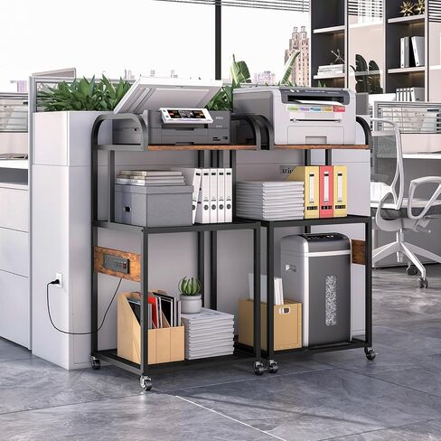 حامل طابعة WEENFON مع رف تخزين قابل للتعديل، طاولة طابعة 3 طبقات بعجلات، عربة دوارة مع منافذ طاقة ومنافذ USB، آلة التقطيع وحامل وحدة المعالجة المركزية للمكتب المنزلي، غرفة المعيشة، بني ريفي in Kuwait