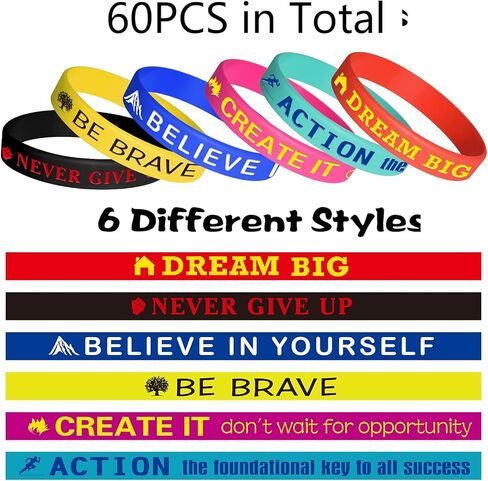 24 قطعة من الأساور المطاطية التحفيزية من ASTARON، أساور سيليكون ملهمة للرجال والنساء والأطفال والكبار، 6 أنماط in Kuwait