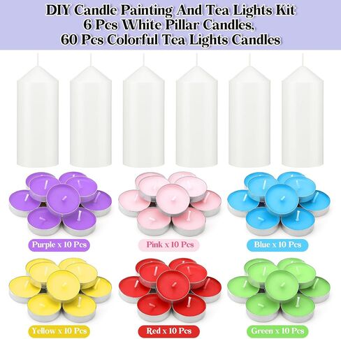 66 Pcs DIY Candle Painting Kit with Tea Lights Candles Include 6 White Pillar Candles 60 Colored Tealight Candles for Crafts Birthday Wedding Party Favors(2" X 5") in Saudi Arabia