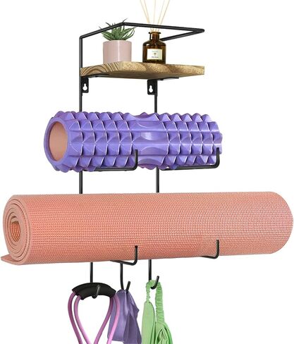 Yoga Mat Holder Wall Mount, Yoga Mat Storage Rack for Home Gym Accessories Organizer with Wood Floating Shelves and 3 Hooks for Hanging Foam Roller, Resistance Bands and Towel in Kuwait