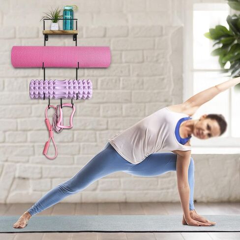 Yoga Mat Holder Wall Mount, Yoga Mat Storage Rack for Home Gym Accessories Organizer with Wood Floating Shelves and 3 Hooks for Hanging Foam Roller, Resistance Bands and Towel in Kuwait