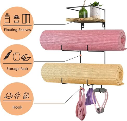 Yoga Mat Holder Wall Mount, Yoga Mat Storage Rack for Home Gym Accessories Organizer with Wood Floating Shelves and 3 Hooks for Hanging Foam Roller, Resistance Bands and Towel in Kuwait