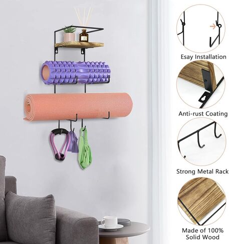 Yoga Mat Holder Wall Mount, Yoga Mat Storage Rack for Home Gym Accessories Organizer with Wood Floating Shelves and 3 Hooks for Hanging Foam Roller, Resistance Bands and Towel in Kuwait
