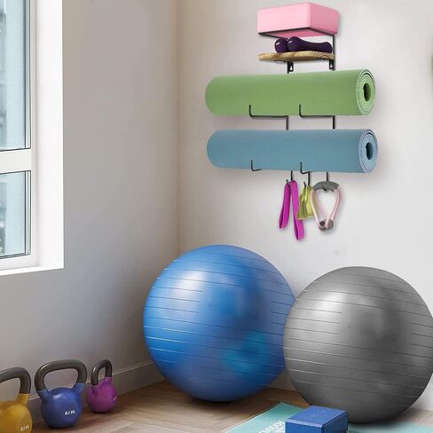 Yoga Mat Holder Wall Mount, Yoga Mat Storage Rack for Home Gym Accessories Organizer with Wood Floating Shelves and 3 Hooks for Hanging Foam Roller, Resistance Bands and Towel in Kuwait