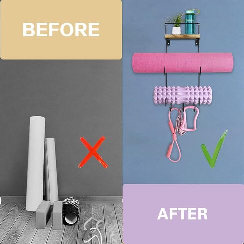 Yoga Mat Holder Wall Mount, Yoga Mat Storage Rack for Home Gym Accessories Organizer with Wood Floating Shelves and 3 Hooks for Hanging Foam Roller, Resistance Bands and Towel in Kuwait
