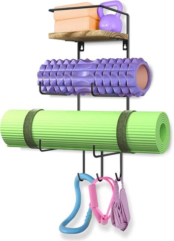 Yoga Mat Holder Wall Mount, Yoga Mat Storage Rack for Home Gym Accessories Organizer with Wood Floating Shelves and 3 Hooks for Hanging Foam Roller, Resistance Bands and Towel in Kuwait