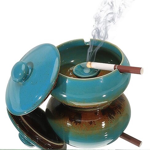 K COOL Ashtray, Outdoor Ashtray with Lid Smokeless Waterproof Ash Tray, Ceramic Ashtray for Cigarettes Home Office, Porch Patio Decorations Outdoor Indoor Ashtray (Blue) in Saudi Arabia