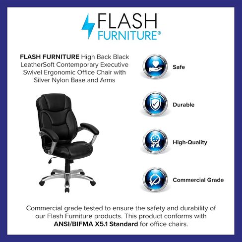 Flash Furniture Jessie كرسي مكتب مريح دوار من الجلد الأسود ذو الظهر العالي مع قاعدة وأذرع من النايلون الفضي in Saudi Arabia