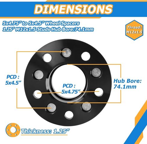 YIZBAP 4 قطع 5x4.75 إلى 5x4.5 محولات عجلة Hubcentric، 1.25 بوصة 5x120.7 مم (5x120 مم) إلى 5x114.3 مم محولات عجلة 74.1 مم محور تتحمل M12x1.5 درجة الخيط in Kuwait