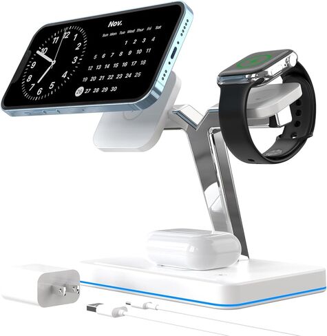 شاحن لاسلكي مع MagSafe، محطة شحن 3 في 1 لأجهزة Apple، حامل مغناطيسي لسلسلة iPhone 15/14/13/12، سلسلة iWatch Ultra/SE/9/8/7/6/5/4/3/2 ‎ايربودز 3/برو/2 in Kuwait