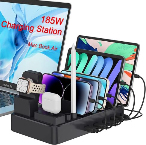 محطة شحن USB بقوة 185 وات لأجهزة متعددة، شاحن كمبيوتر محمول 9 في 1 PD 3.0 محطة شحن USB مع منفذ شاحن 65 وات، متوافقة مع الهواتف الذكية والكمبيوتر اللوحي وأجهزة iPad وغيرها من الأجهزة الإلكترونية in Kuwait