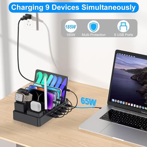 محطة شحن USB بقوة 185 وات لأجهزة متعددة، شاحن كمبيوتر محمول 9 في 1 PD 3.0 محطة شحن USB مع منفذ شاحن 65 وات، متوافقة مع الهواتف الذكية والكمبيوتر اللوحي وأجهزة iPad وغيرها من الأجهزة الإلكترونية in Kuwait