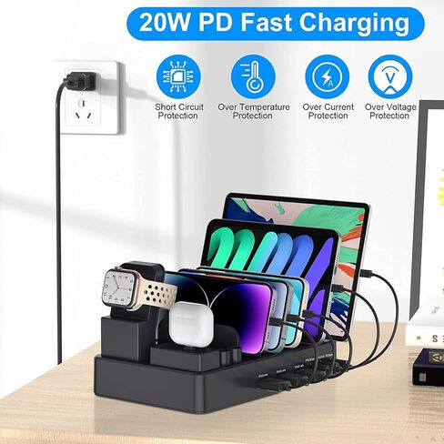 محطة شحن USB بقوة 185 وات لأجهزة متعددة، شاحن كمبيوتر محمول 9 في 1 PD 3.0 محطة شحن USB مع منفذ شاحن 65 وات، متوافقة مع الهواتف الذكية والكمبيوتر اللوحي وأجهزة iPad وغيرها من الأجهزة الإلكترونية in Kuwait