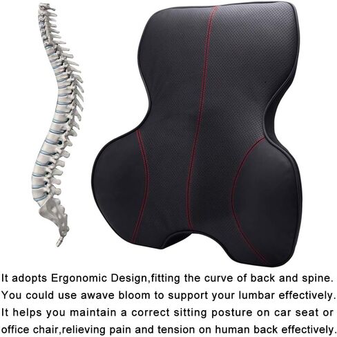 Lumbar Support Pillow for Car, Genuine Leather Car Back Support,Memory Foam Low Back Cushion for Office Chair(Black 1 Pack) in Kuwait