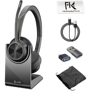Poly Voyager 4320 UC Wireless Headset & Charge Stand - Connects to PC/Mac/Mobile Phone via Bluetooth with USB-C to A Adapter & USB C Dongle & USB A-C Cable & Storage Bag and Fiber Cloth