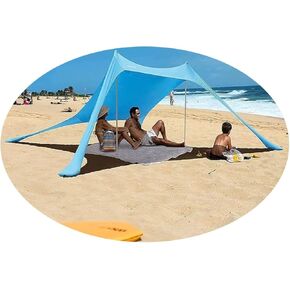 Beach Tent Sun Shelter, 7 x 7 FT Beach Canopy Tent Sun Shade with 4 Sandbags, 2 Poles, Elastic Cords, Sand Shovel + 4 Ground Pegs UPF50+ Beach Shade Canopy for Outdoor Camping, Fishing