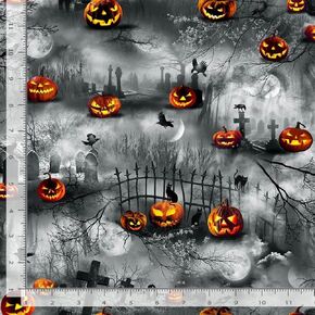 Timeless Treasures Wicked CD1826 Grey Graveyard Pumpkin Garden
