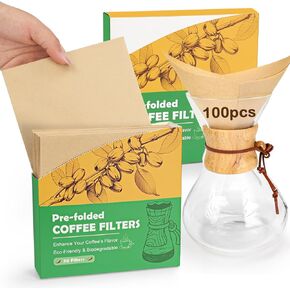 BYKITCHEN Pre-folded Pour Over Coffee Filter, Set of 100, Natural Unbleached Square Disposable Coffee Filter Papers for Pour-Over Coffee Maker Drippers and More