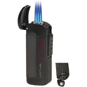 CEO Triple Torch Lighter by Lotus Group – Windproof Butane Lighter with Fuel Level Window, Large Flame Adjuster, Fold-Out Cigar Punch, Metal Housing – Lights up to 12,000 Feet