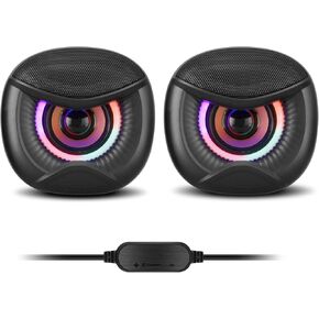 USB Powered Mini Computer Speakers with RGB Colorful Lighting 2.0 Stereo Sound Headphone Jack for Plug and Play Compatible with Desktop, Laptop (USB-C Adapter Included)
