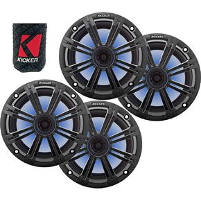 KICKER 8" Marine Speakers (2 Pairs) OEM Replacement Coaxial Speakers for Boat with Charcoal Grille and LED Lights 4-ohm. Water and Weather Resistant