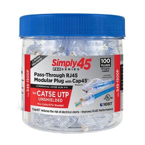 ProSeries Cat5e Unshielded Pass-Through RJ45 Modular Plugs with Cap45-100 Piece Jar, Blue