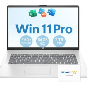 HP 2025 New 17 inch Laptop Computer • 64GB RAM • 2TB SSD • AMD Ryzen 5 Processor (6-Cores) • 10-Key Number Pad • Long Battery Life • w/WOWPC Recovery USB • Windows 11 Pro with Microsoft Office