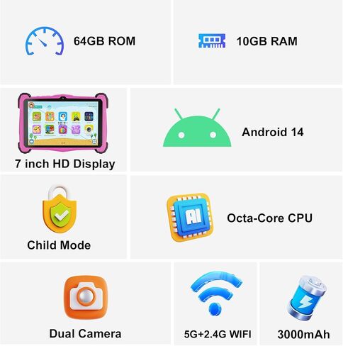 2025 Android 14 Kids Tablet 7 بوصة الكمبيوتر اللوحي للأطفال 3-12 ، أوكتا النواة ، و 8+64 جيجابايت (توسيع 128 جيجا بايت) ، واي فاي 6 ، 3000 مللي أمبير في الساعة ، ومحتوى خالي من الإعلانات ، وأدوات التحكم الوالدية ، ومساحة Google Kids ، و YouTube Kids ، و G in Kuwait
