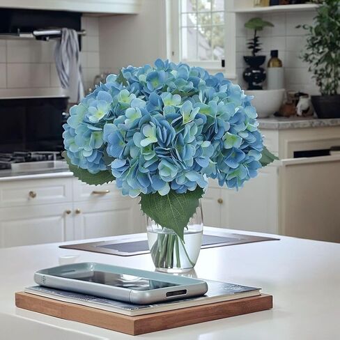 Artificial Fake Flowers Plants Silk Hydrangea 1 Flower Head Arrangements Wedding Bouquets Decorations Plastic Floral Table Centerpieces Home Kitchen Garden (Black Blue) in Kuwait