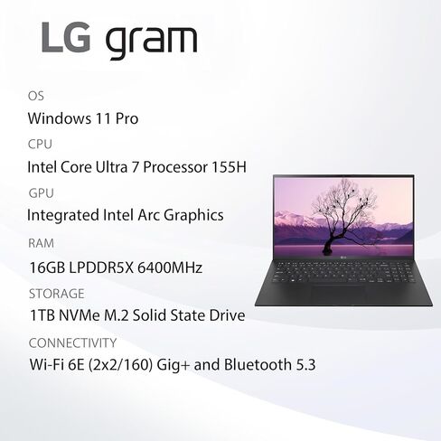LG Gram 15 Lightweight Business Laptop, 15.6" FHD Touchscreen, Intel 16-Core Ultra 7-155H, 16 GB DDR5 RAM, 1 TB SSD, Intel Arc GPU, Backlit KB, Wi-Fi 6E, Windows 11 Pro, w/Office Pro Lifetime License in Kuwait