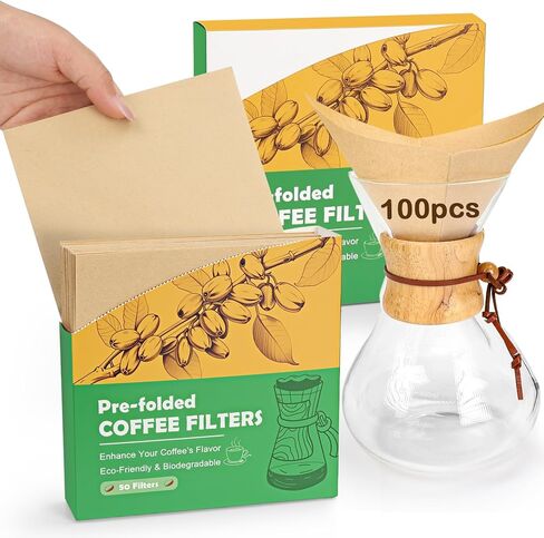 BYKITCHEN Pre-folded Pour Over Coffee Filter, Set of 100, Natural Unbleached Square Disposable Coffee Filter Papers for Pour-Over Coffee Maker Drippers and More in Kuwait