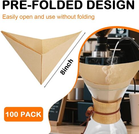 BYKITCHEN Pre-folded Pour Over Coffee Filter, Set of 100, Natural Unbleached Square Disposable Coffee Filter Papers for Pour-Over Coffee Maker Drippers and More in Kuwait
