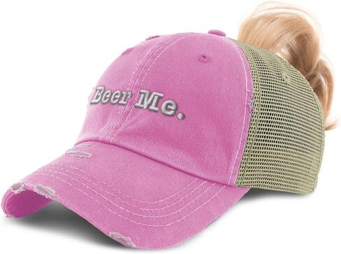 Speedy Pros Womens Ponytail Cap Beer Me Cotton Distressed Trucker Hats in Saudi Arabia