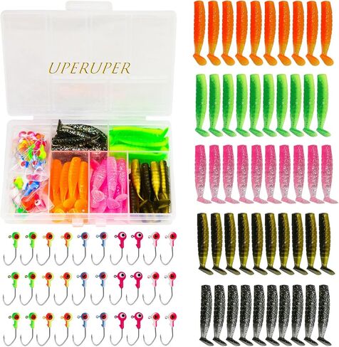 UperUper 65Pcs Crappie Jigs Lure kit, 2 inch Crappie Bait with Fishing Jig Heads Hooks for Saltwater Freshwater Bass Trout in Kuwait