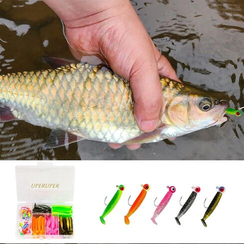UperUper 65Pcs Crappie Jigs Lure kit, 2 inch Crappie Bait with Fishing Jig Heads Hooks for Saltwater Freshwater Bass Trout in Kuwait