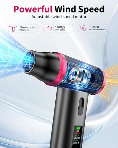 Duster Air Compressed - 180000 دورة في الدقيقة التحكم في المنفاخ/الفراغ المزدوج/الفراغ مع عرض LED | منفاخ الغبار القابل لإعادة الشحن للوحة المفاتيح ، والسيارة ، المنزل | يحل محل علب الهواء المضغوطة in Kuwait