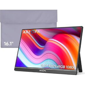 ARZOPA Portable Monitor & Sleeve, 16.1'' 100% sRGB FHD Laptop Monitor & Portable Monitor PU Sleeve Bag Combination