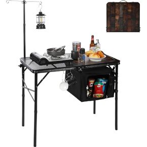 REDCAMP Portable Camping Kitchen Table, 3ft Folding Camping Grill Table with Storage Organizer and Telescoping Light Stand, Outdoor Cooking Station for BBQ, Party and Picnic