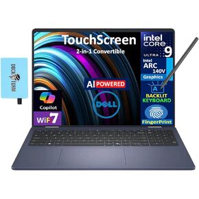 Dell 16 AI Powered 2-in-1 الكمبيوتر المحمول 16.0 "شاشة تعمل باللمس مصابيح LED WQXGA (Intel Ultra 9-288V ، 32GB LPDDR5X ، 2TB PCIE SSD ، PEN النشط ، الإضاءة الخلفية KB ، بصمات الأصابع ، Win 11 Home) W/DKZ USB PORTANDER