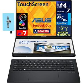 Asus Zenbook Duo AI Powered 2-in-1 Laptop 14.0 "شاشة تعمل باللمس OLED 2.8K (Intel Ultra 7-255H ، 32GB LPDDR5X ، 2TB PCIE SSD ، Backlit KB ، 2 Thunderbolt 4 ، Wifi 7 ، Win 11 Home) W/DKZ USB Port