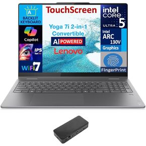 Lenovo Yoga AI Powered 2-in-1 Laptop 16.0" Touchscreen IPS WUXGA Display (Intel Ultra 5-226v, 16GB LPDDR5X, 512GB M.2 PCIe SSD, Backlit KB, Fingerprint, 2 Thunderbolt 4, Win 11 Pro) w/USB-C Dock